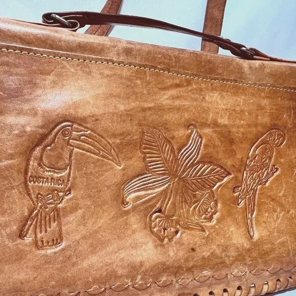 Costa Rica Leather Vintage Shoulder/Crossbody Bag-Removable Strap-Camel/Tan-Rose - Picture 11 of 15